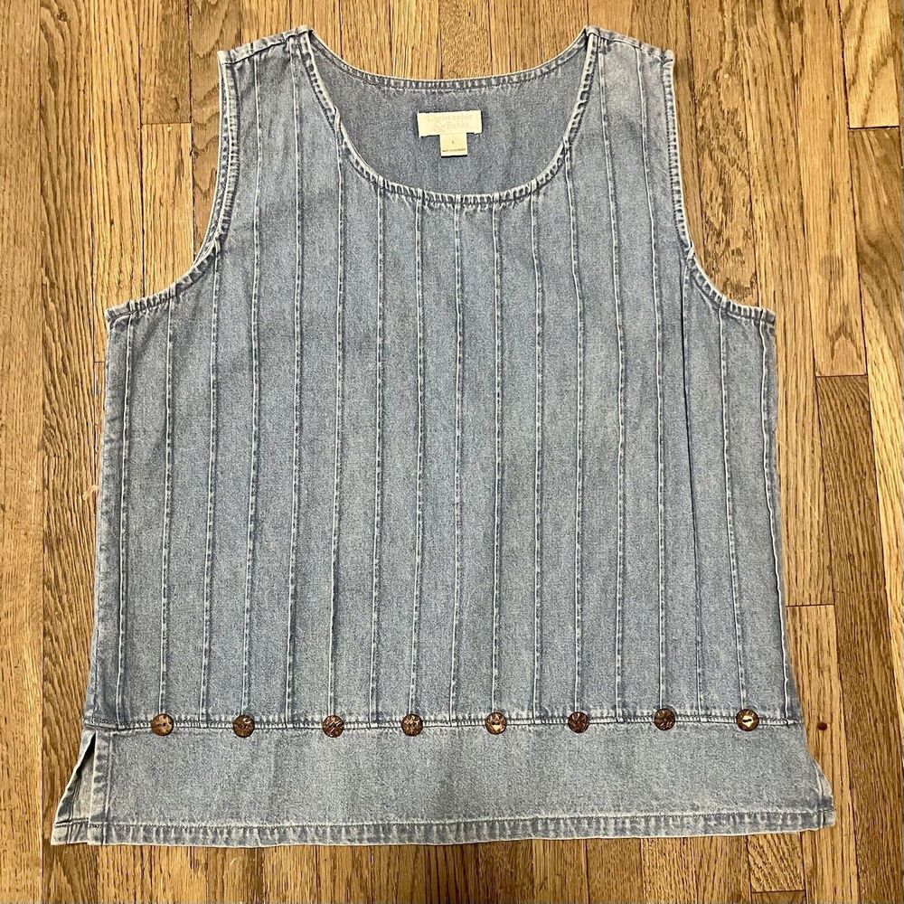 Christopher & Banks Women's Large Denim Short Sleeve Pleated Vintage Blouse